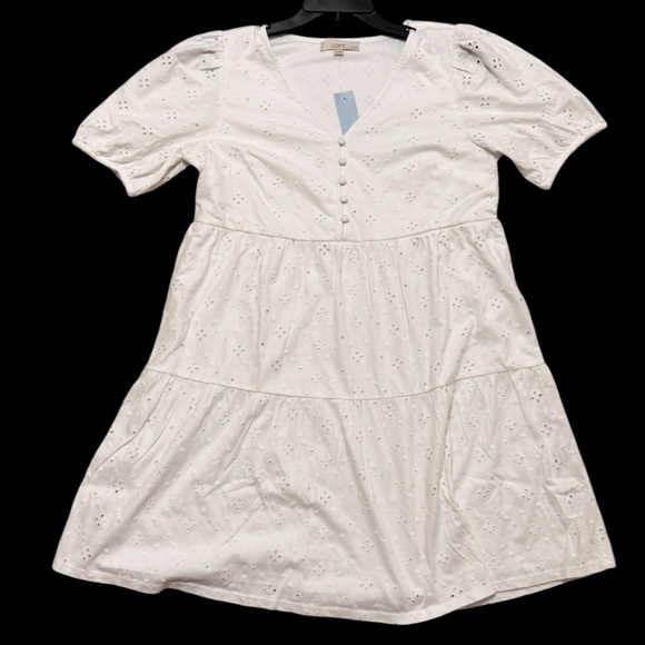 LOFT White Eyelet Cotton Puff Sleeve Tiered Lined Swing Mini Dress Sz MP NWT - Picture 4 of 13